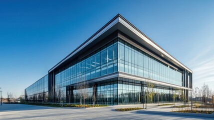 Fototapeta premium Modern Corporate Architecture: A Sleek Glass Building Under Clear Blue Skies