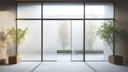 Fototapeta premium Modern Building Interior Design: Glass Walls, Plants, and Tranquil Courtyard View