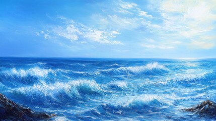 Fototapeta premium Ocean waves crash on rocky shore under sunny sky