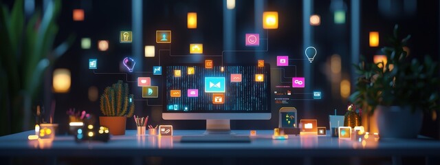 Obraz premium Illustration of a virtual help desk surrounded by glowing tech icons