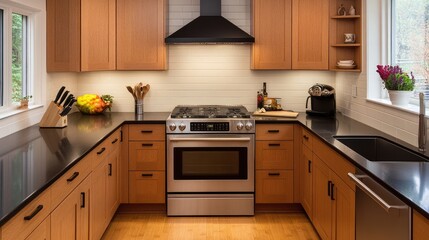 A contemporary kitchen with Granite Sand cabinets and sleek black countertops.