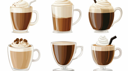 Obraz premium Six coffee drinks; cafe menu; various coffee beverages; white background; beverage options