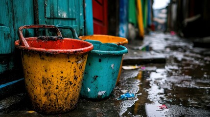 Worn Buckets in a Slummy Alleyway