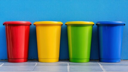 Four Colorful Recycling Bins Against a Blue Wall