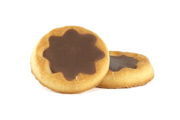 Round cookies topped with star-shaped chocolate, perfectly presented against crisp white background.
