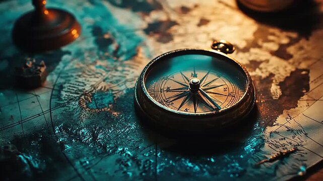 Antique compass resting on an aged, teal-toned world map, hinting at adventure and exploration.
