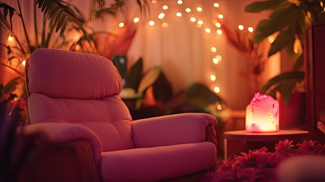 A cozy pink reading corner with blush walls, a soft pink armchair, and warm lights.