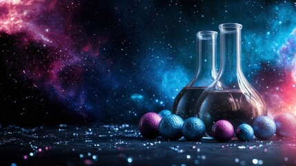 Cosmic Alchemy Two Erlenmeyer Flasks with Dark Liquid Against a Nebula Background
