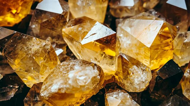 Natural citrine crystals glimmering under soft light revealing their golden hue and unique formations at a mineral exhibition