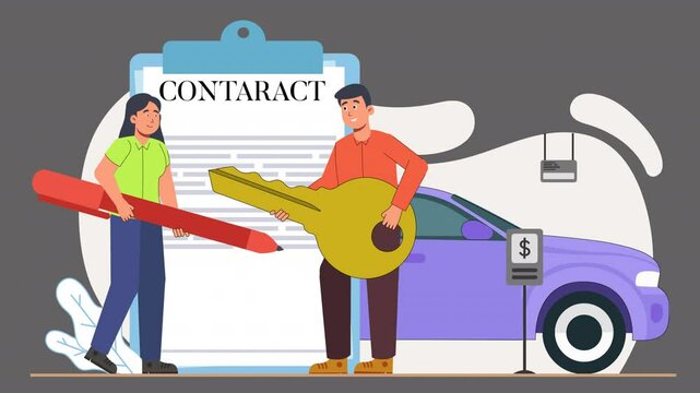 Depict a car dealership through vector animation. Characters look at various car models, test drive vehicles, and negotiate deals in a professional, scalable design.