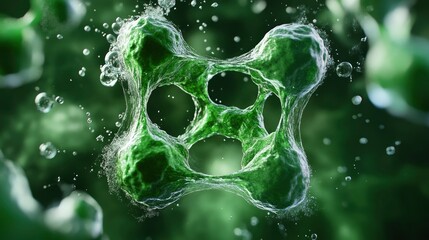 Microscopic Green Cellular Structure in Liquid, Abstract 3D Render of a Cell