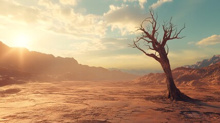 Lone Dead Tree in Arid Landscape at Sunset