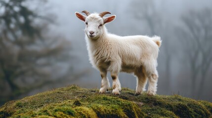 Obraz premium A white goat with horns standing on a grassy hill