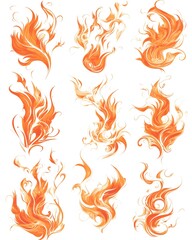 Collection of Abstract Orange Flame Designs on White Background Artistic and Decorative