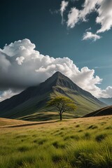Fototapeta premium there is a lone tree in a grassy field with a mountain in the background