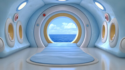Futuristic ocean view spaceship interior; calm sea background