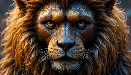 Fototapeta premium Majestic Golden Lion Close-Up: Intense Gaze, Detailed Fur, Powerful Predator, Wildlife Photography