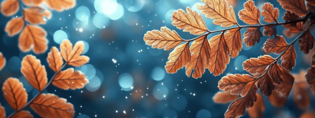 Autumn leaves with golden and orange tones on a blue background