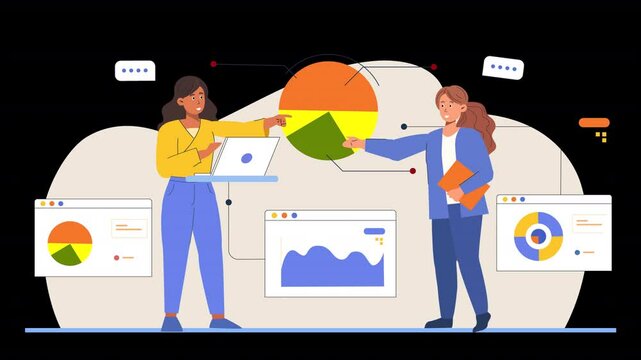 Illustrate data analysis using vector design animation. Characters analyze complex data sets, graphs, and metrics in a professional, scalable style.