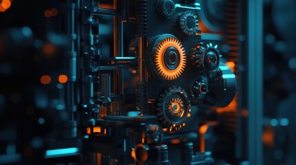 Abstract Industrial Gear Mechanism Close Up Teal and Orange Lighting Complex Machinery Engineering
