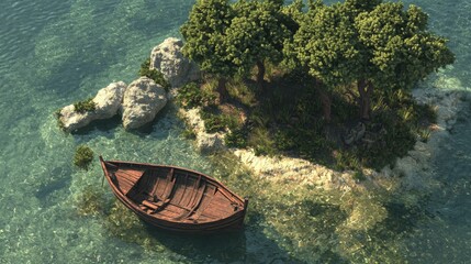 Obraz premium Serene Island Oasis with a Wooden Boat Surrounded by Crystal Clear Waters and Lush Greenery Under Bright Blue Sky