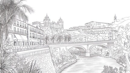 Cityscape sketch bridge, river, buildings, palm trees, sunny day; tourism brochure