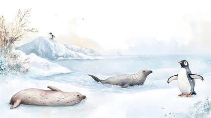 Fototapeta premium Watercolor artwork depicts seals and penguins in a snowy landscape