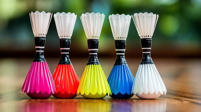 Colorful shuttlecocks arranged in a row on a wooden surface in a bright outdoor setting during daylight