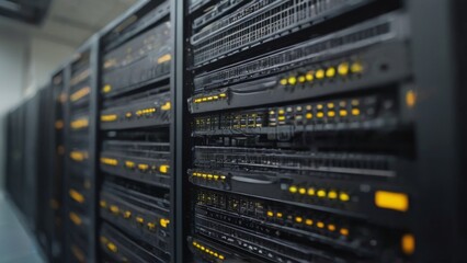 Modern Data Center Servers in Neat Rows with Blurred Background