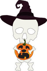 Skeleton In Witch Hat Holding Halloween Pumpkin Vector