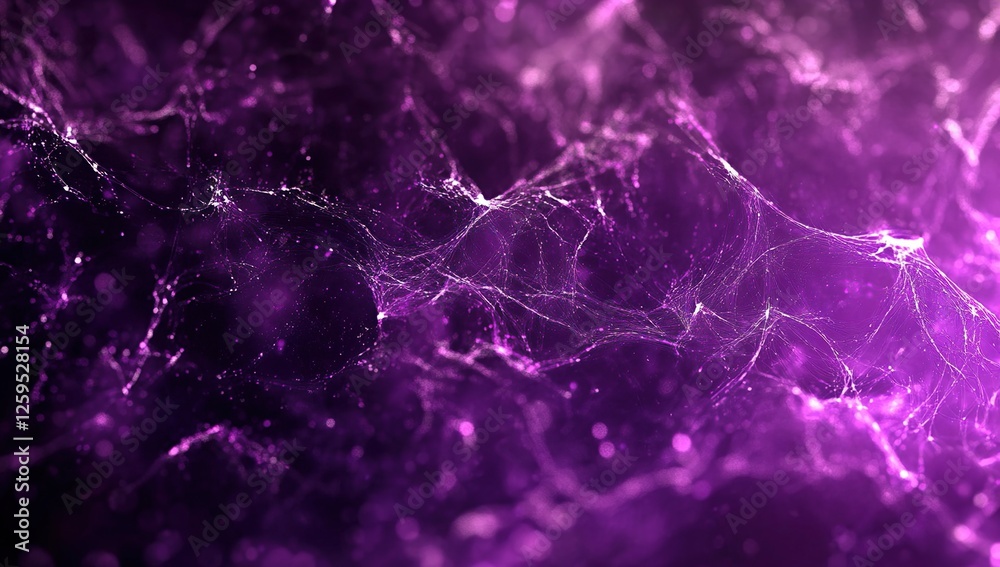 Poster purple abstract network: glowing lines, points, and particles flow dynamically in 3d space with dept