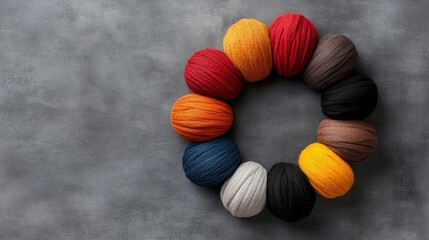 Colorful Yarn Balls Arranged in a Circle on a Gray Background