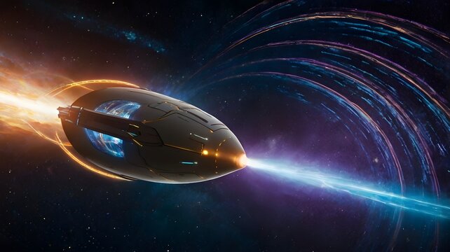 Hypersonic space vehicle traveling through a wormhole, showcasing vibrant cosmic light trails and futuristic navigation interfaces.

