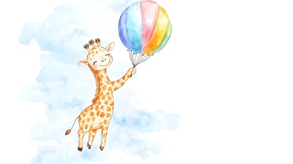 Obraz premium Watercolor illustration of a giraffe flying with a colorful balloon