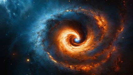 Obraz premium Spiral Galaxy in Fiery Glow Surrounded by Blue and Orange Halo, Digital Illustration