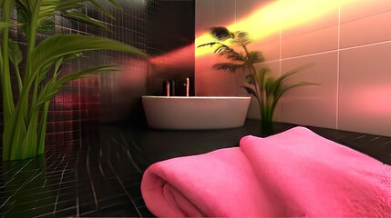 A modern bathroom with black tiles, pink towels, and soft ambient lighting.