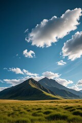 mountains in the distance with a grassy field and a blue sky