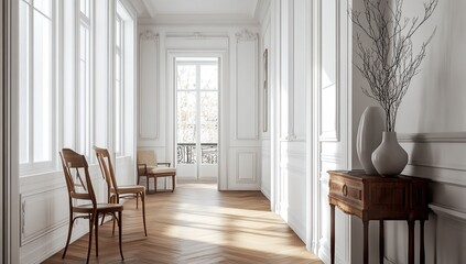 Fototapeta premium Elegant White Hallway Interior Design with Wooden Chairs and Sunlight