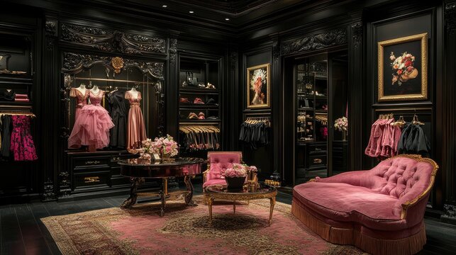 A modern fashion boutique with pink mannequins, black walls, and stylish decor.