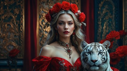 Majestic Queen in Red Dress with White Tiger