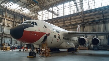 Airplane hangar maintenance, technicians working, large aircraft, industrial background, aviation