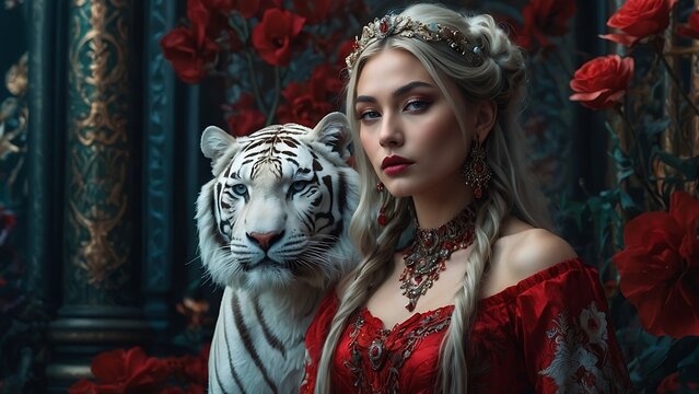 Elegant Woman in Red Gown with a White Tiger Surrounded by Roses