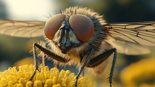 A close-up view of a fly on yellow flower