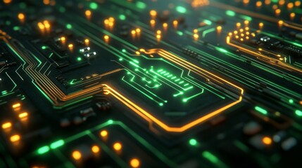 Obraz premium Abstract circuit board patterns in green and gold. Featuring interconnected lines and components. Emphasizing technology and connectivity. Ideal for tech and electronic-themed designs.