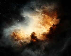 Ethereal Cosmic Nebula with Fiery Hues and Starry Background in Deep Space Mystique