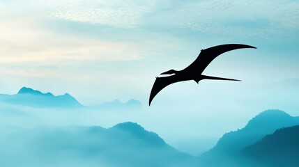 Pterodactyl shadow soaring through clouds over jagged mountains