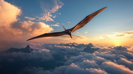 Obraz premium Pterodactyl shadow soaring through clouds over jagged mountains