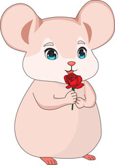 Cute Rat With Rose Flowers For Valentine's Day Vector