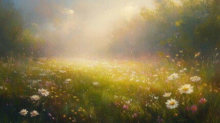 Naklejka premium Sunlit meadow wildflowers, misty morning, scenic landscape, peaceful nature