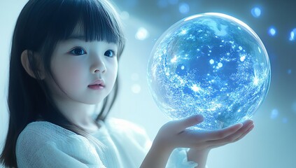 Naklejka premium Child Holds Glowing Earth Globe, Future Hope, Protecting Our Planet, Environmental Responsibility, Global Sustainability